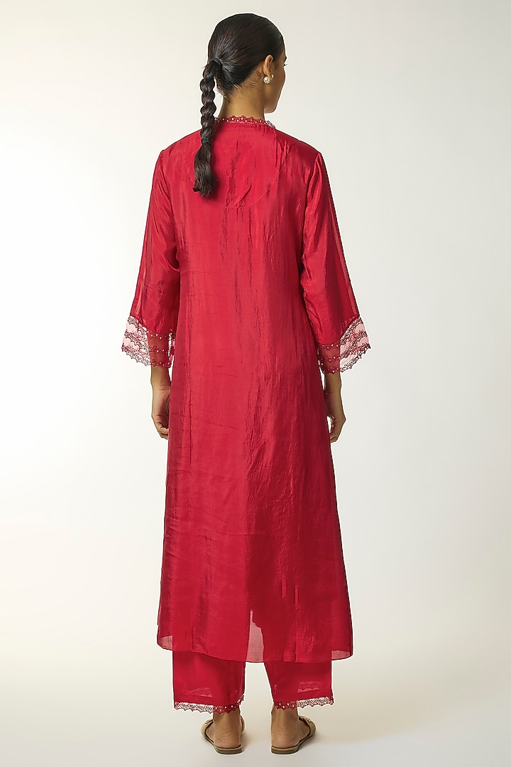 Red Silk Sequin Embroidered Kurta Set by One not two at Pernia's Pop Up Shop