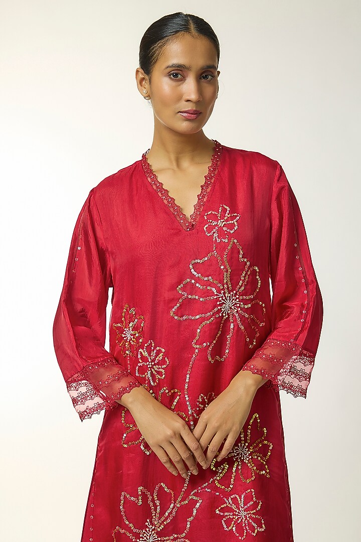 Red Silk Sequin Embroidered Kurta Set by One not two at Pernia's Pop Up Shop