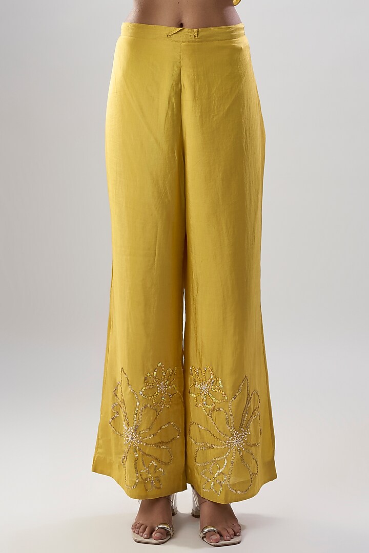 Daffodil-Colored Silk Floral Hand Embroidered Kurta Set by One not two at Pernia's Pop Up Shop