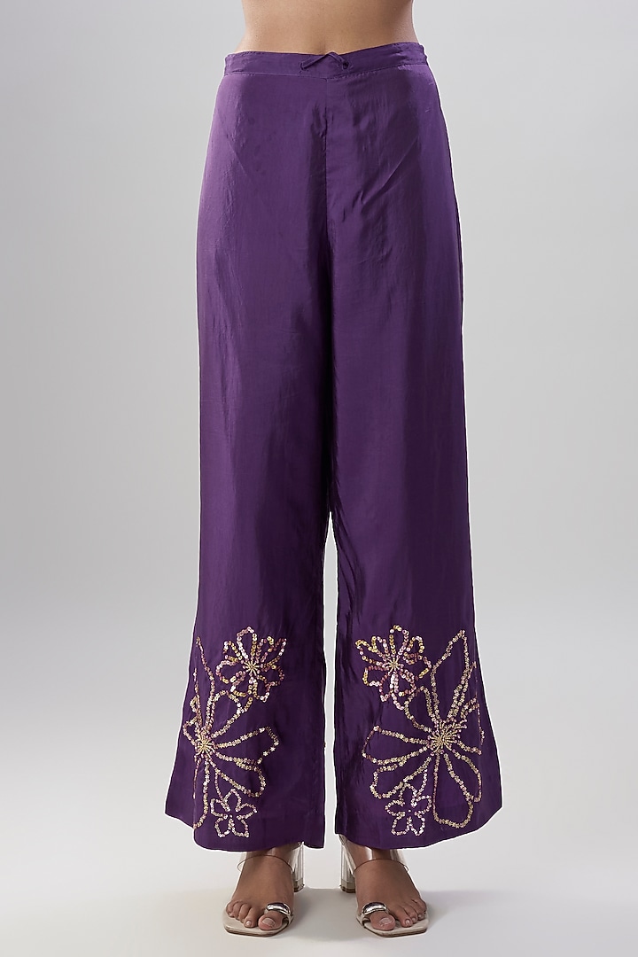 Purple Silk Floral Hand Embroidered Kurta Set by One not two at Pernia's Pop Up Shop