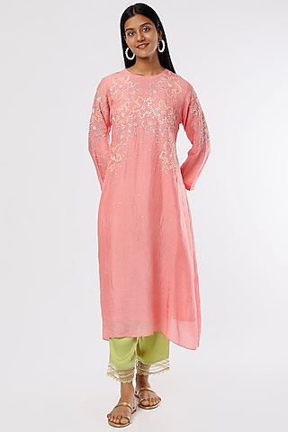 Peach Embroidered A-line Kurta by One not two