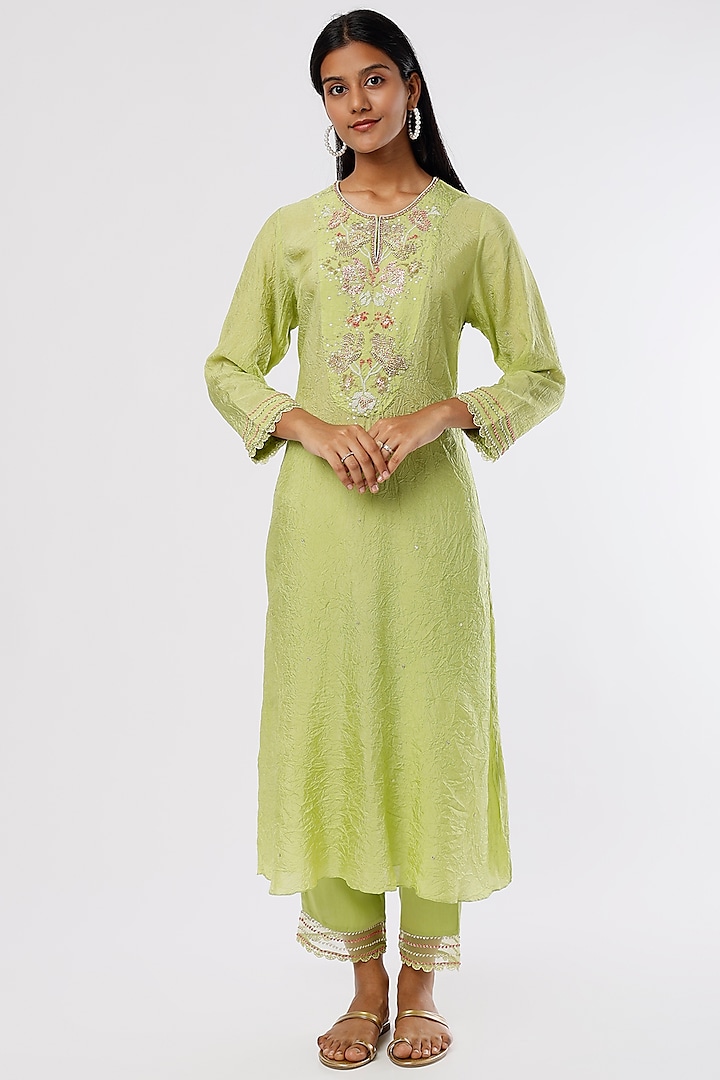 Pear Green Embroidered A-line Kurta by One not two