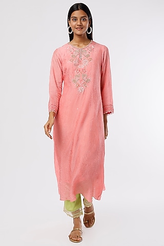 Peach Crushed Silk Embroidered Kurta by One not two