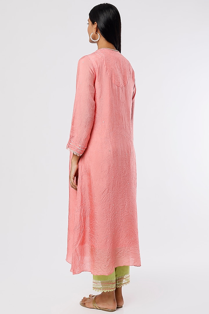 Peach Crushed Silk Embroidered Kurta by One not two at Pernia's Pop Up Shop