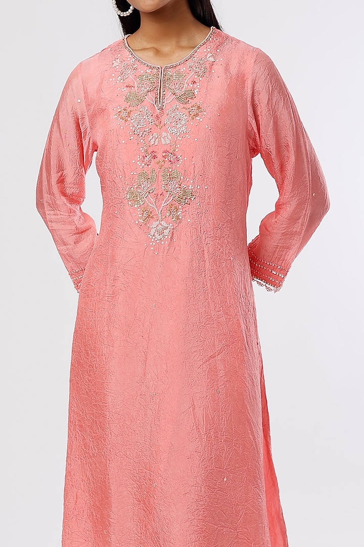 Peach Crushed Silk Embroidered Kurta by One not two at Pernia's Pop Up Shop
