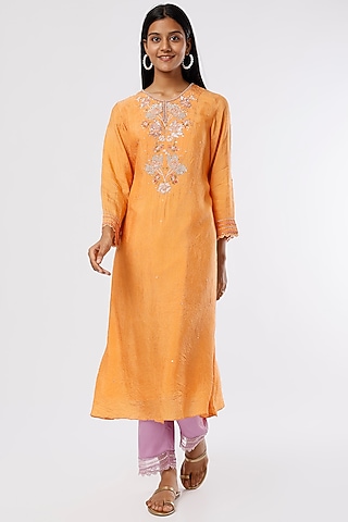Orange Embroidered A-line Kurta by One not two