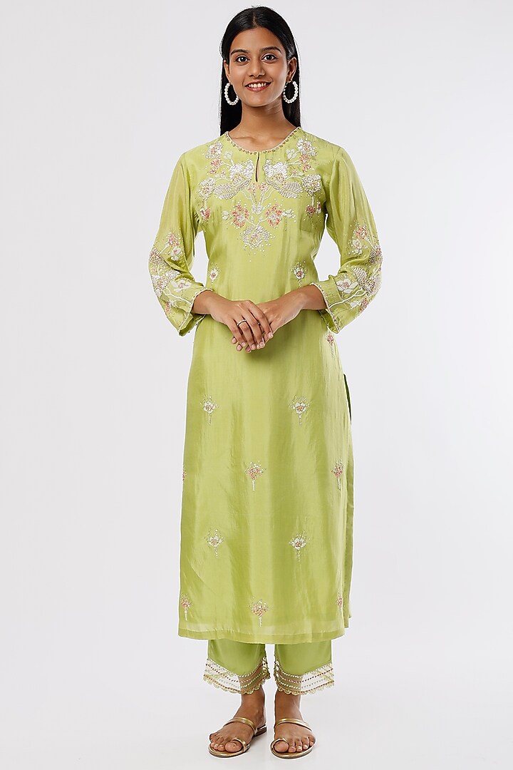 Pear Green Silk Kurta by One not two