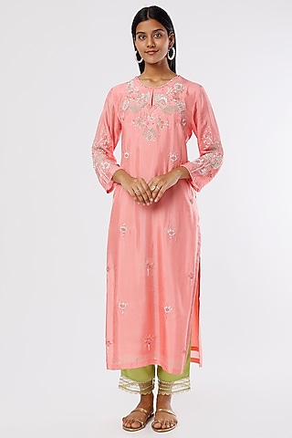 Peach Silk Embroidered Kurta by One not two