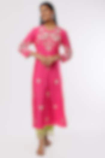 Hot Pink Silk Embroidered Kurta by One not two