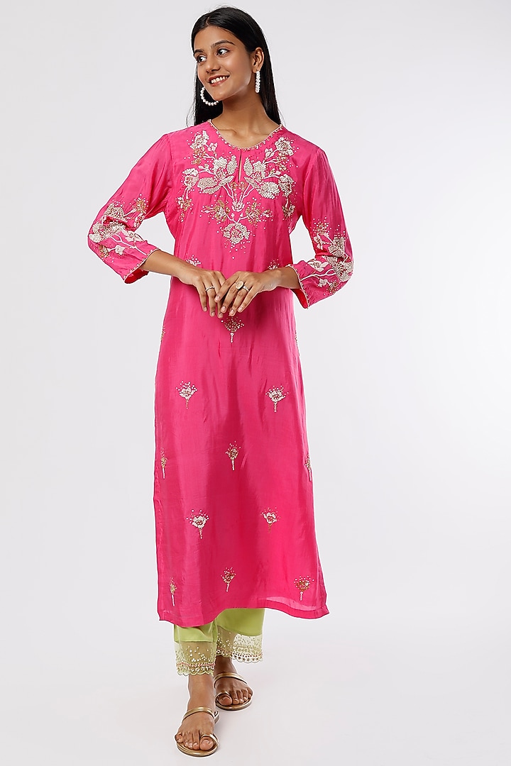 Hot Pink Silk Embroidered Kurta by One not two