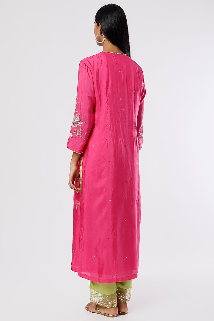 Hot Pink Silk Embroidered Kurta by One not two at Pernia's Pop Up Shop