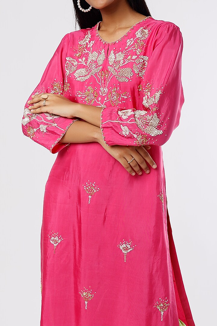 Hot Pink Silk Embroidered Kurta by One not two at Pernia's Pop Up Shop