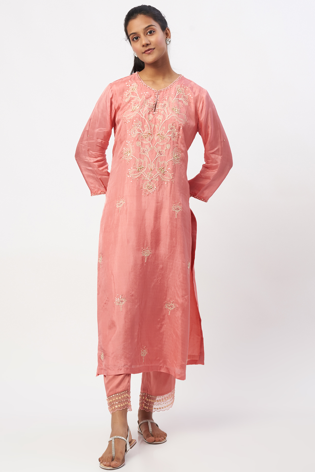 Peach Embroidered Kurta by One not two at Pernia's Pop Up Shop