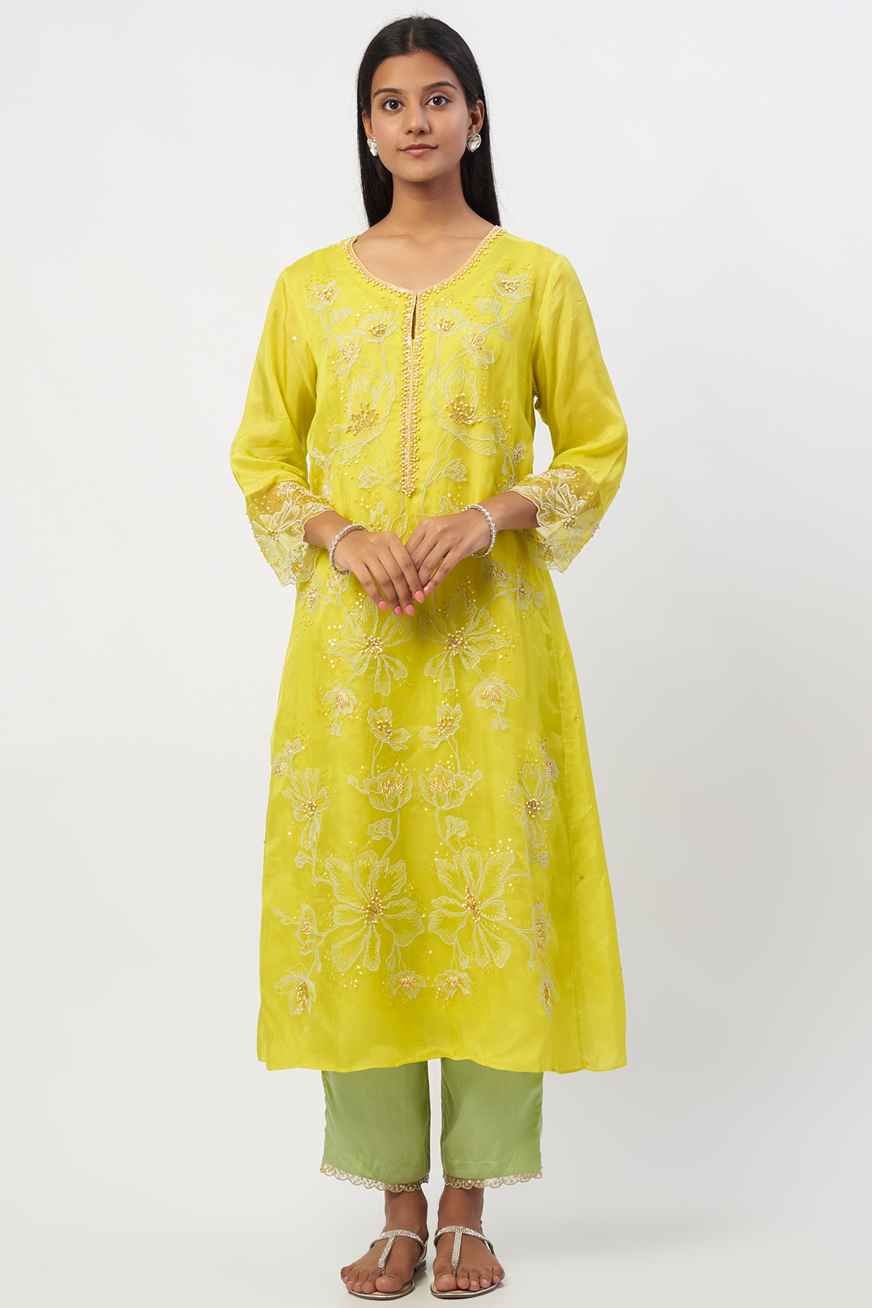Mustard Embroidered A-Line Kurta by One not two at Pernia's Pop Up Shop