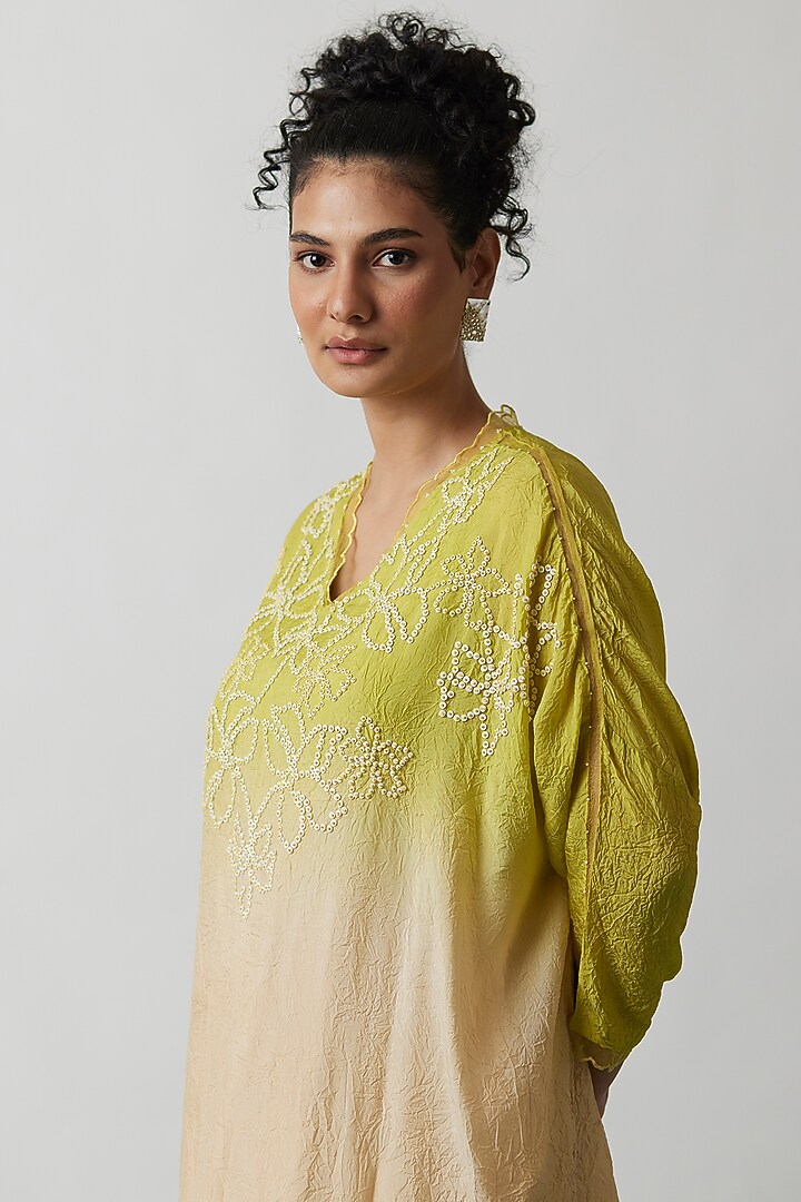 Citrus Yellow Ombre Viscose Silk Embroidered Kurta Set by One not two at Pernia's Pop Up Shop