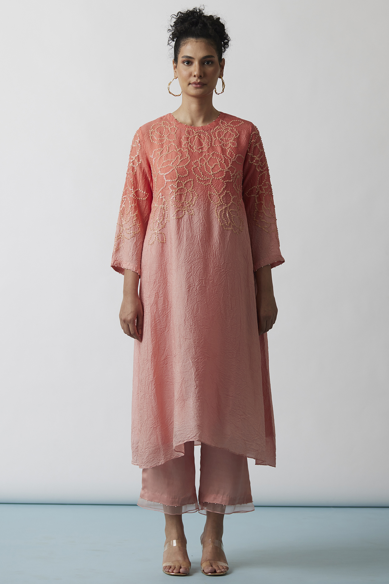 Coral Ombre Viscose Silk Embroidered Kurta Set by One not two at Pernia's Pop Up Shop