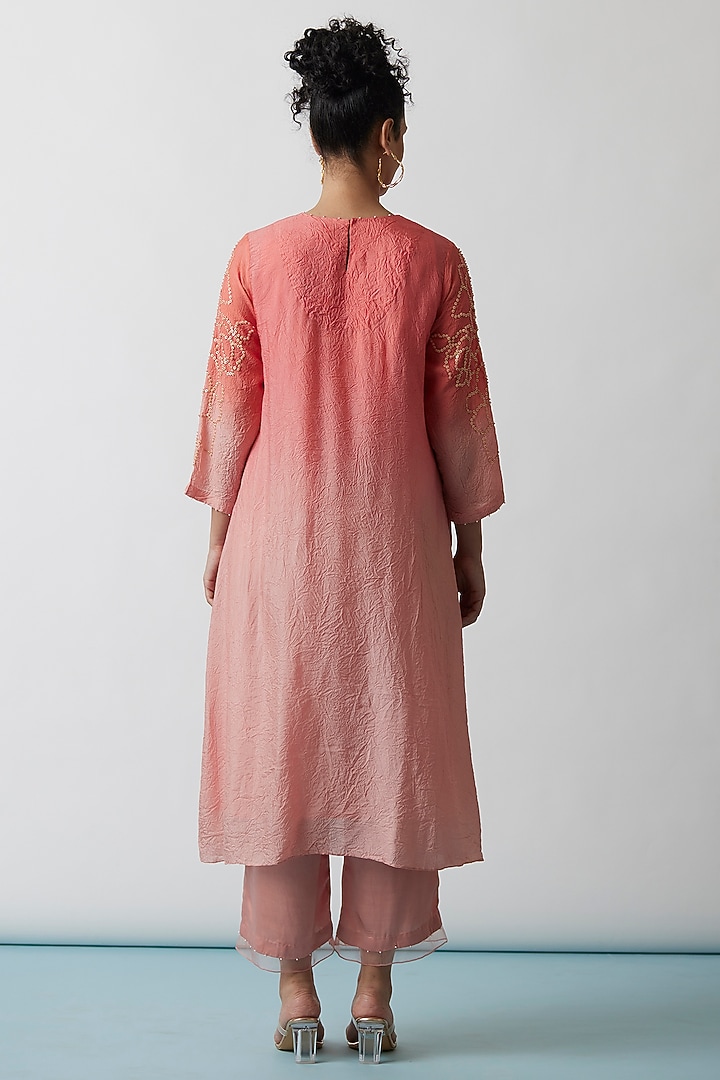 Coral Ombre Viscose Silk Embroidered Kurta Set by One not two at Pernia's Pop Up Shop