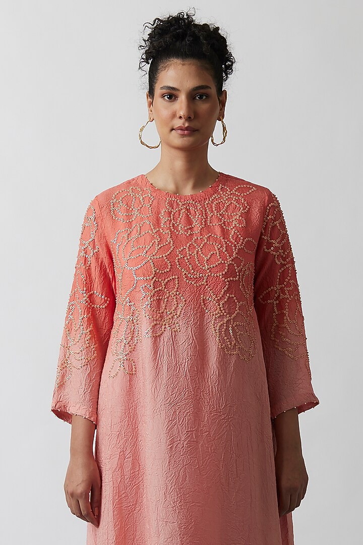 Coral Ombre Viscose Silk Embroidered Kurta Set by One not two at Pernia's Pop Up Shop