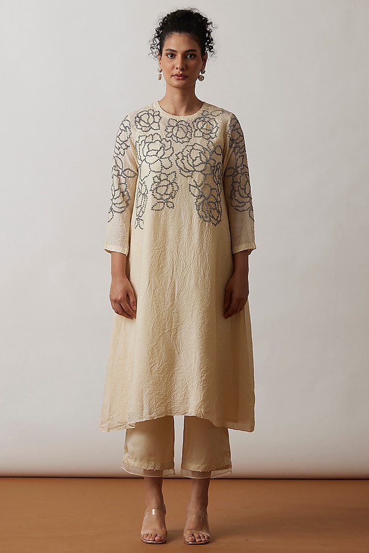 Ivory Viscose Silk Embroidered Kurta Set by One not two