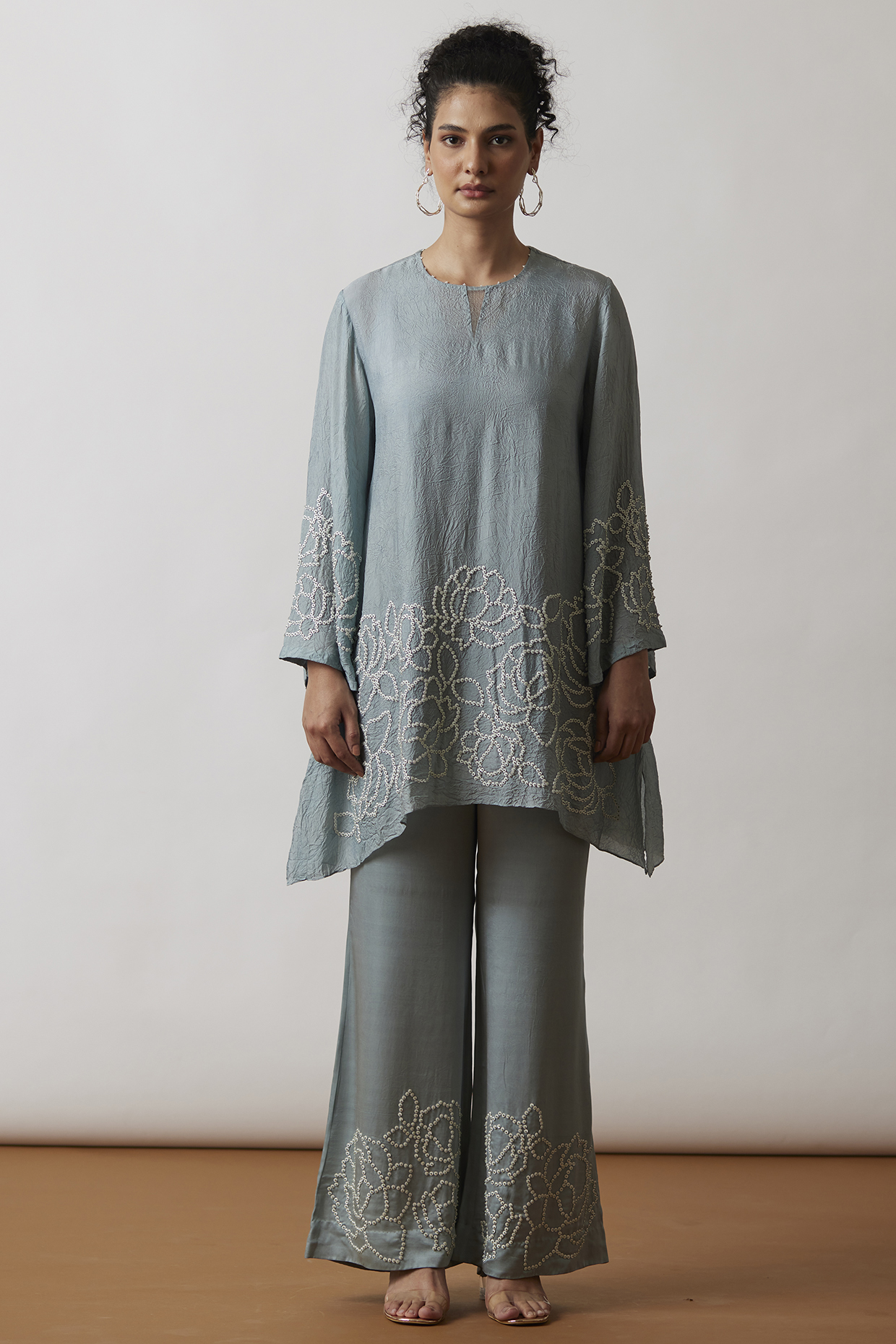 Cloud Blue Viscose Silk Embroidered Tunic Set by One not two at Pernia's Pop Up Shop