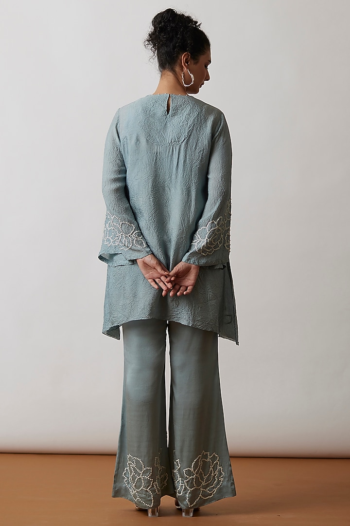 Cloud Blue Viscose Silk Embroidered Tunic Set by One not two at Pernia's Pop Up Shop