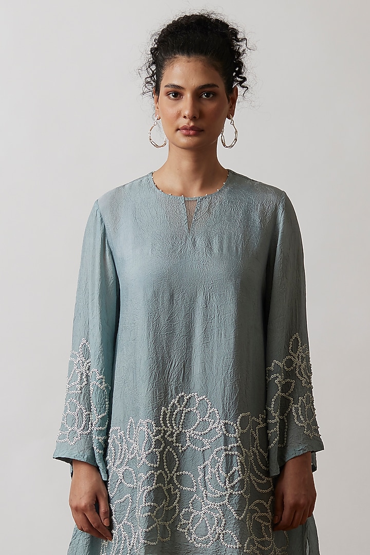 Cloud Blue Viscose Silk Embroidered Tunic Set by One not two at Pernia's Pop Up Shop