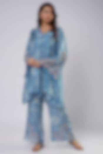 Blue Silk Polka Printed & Embroidered Kurta Set by One not two