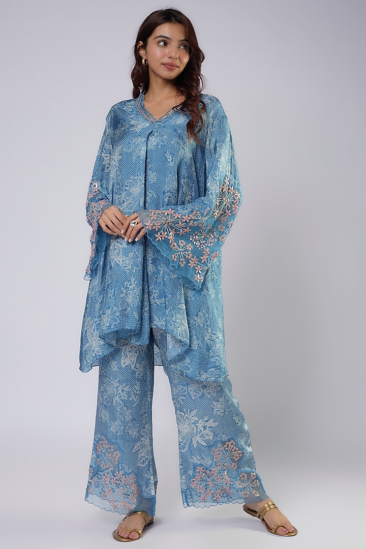 Blue Silk Polka Printed & Embroidered Kurta Set by One not two
