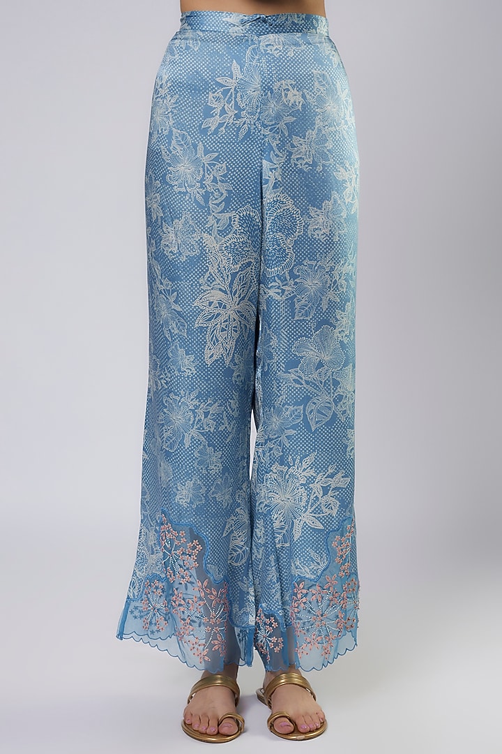 Blue Silk Polka Printed & Embroidered Kurta Set by One not two at Pernia's Pop Up Shop