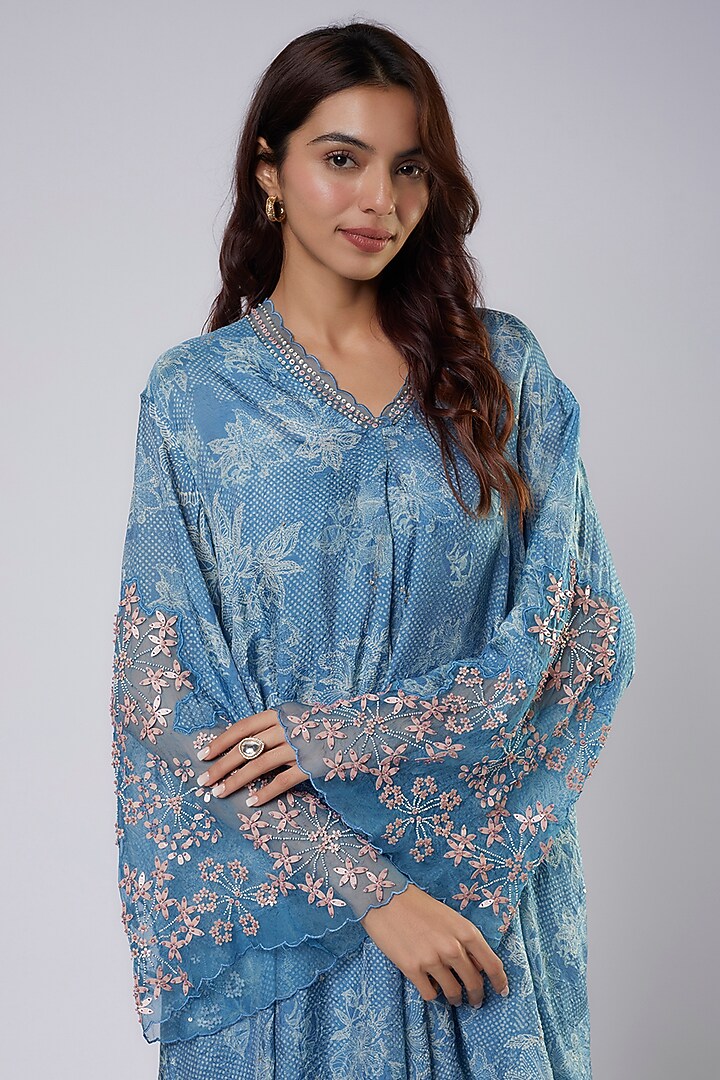 Blue Silk Polka Printed & Embroidered Kurta Set by One not two at Pernia's Pop Up Shop