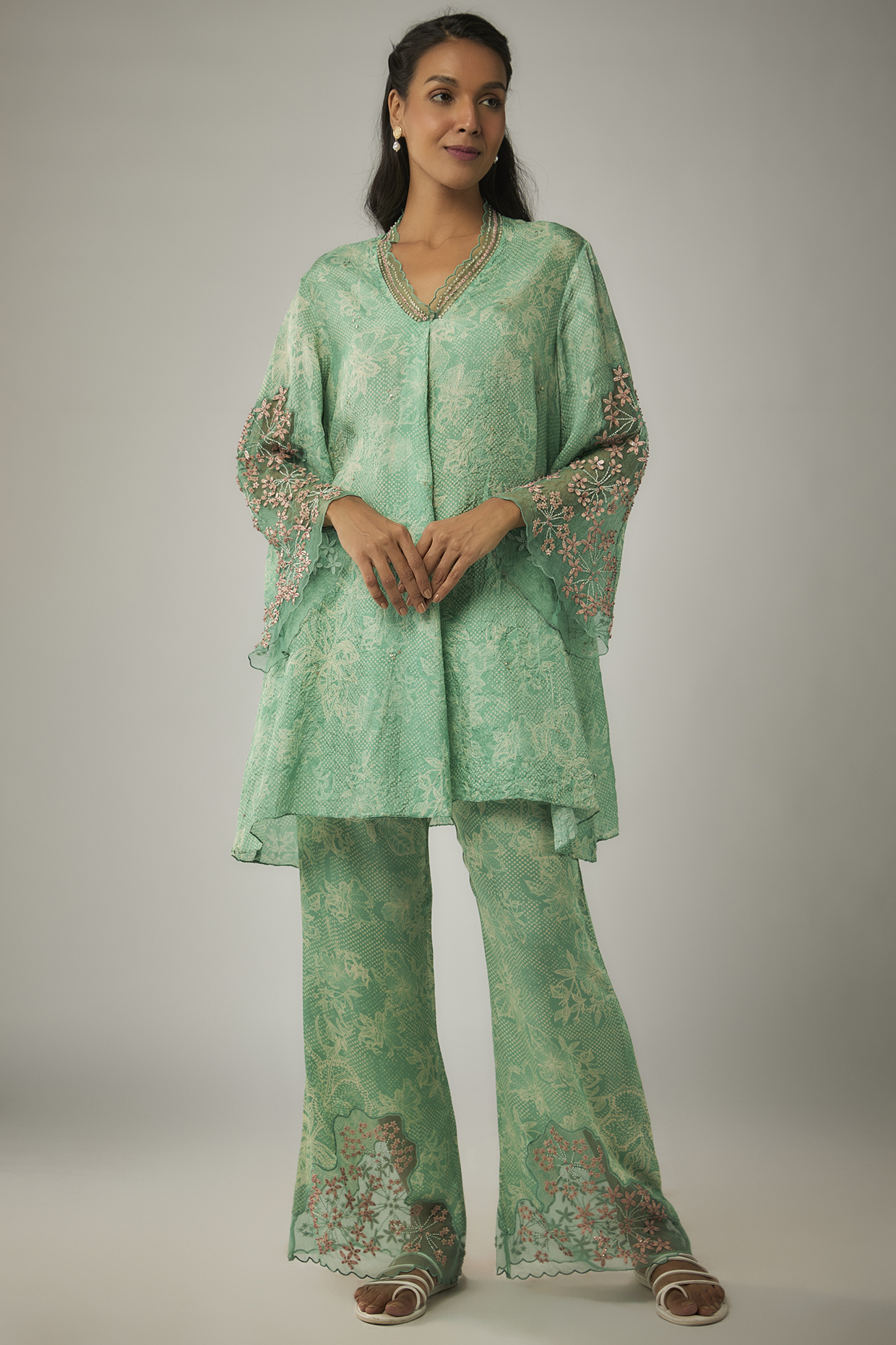 Green Crushed Silk Printed & Sequin Embroidered Kurta Set by One not two at Pernia's Pop Up Shop