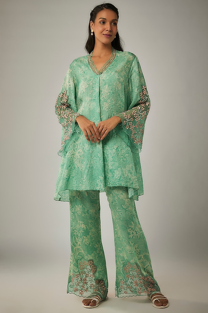 Green Crushed Silk Printed & Sequin Embroidered Kurta Set by One not two at Pernia's Pop Up Shop