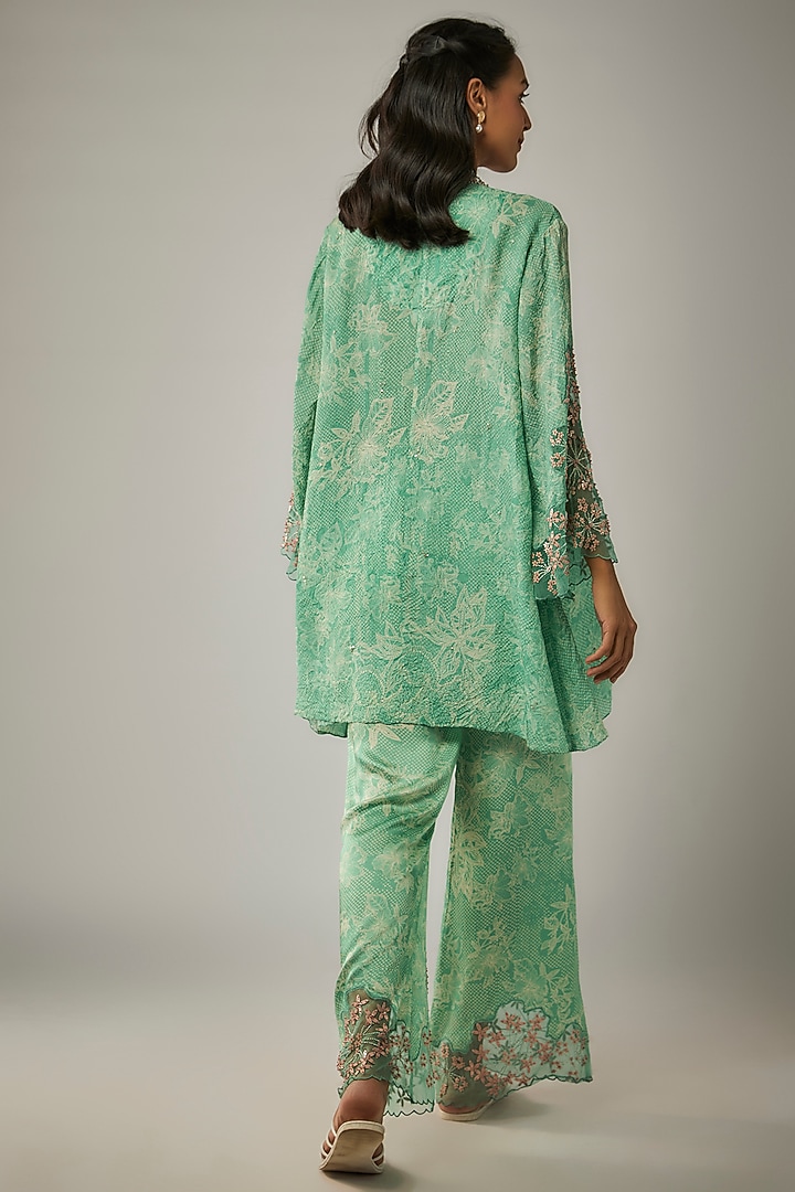 Green Crushed Silk Printed & Sequin Embroidered Kurta Set by One not two at Pernia's Pop Up Shop