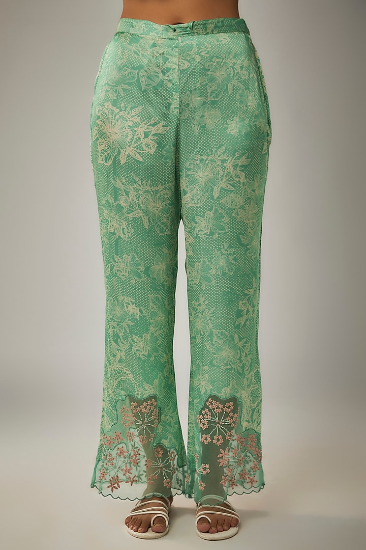 Green Crushed Silk Printed & Sequin Embroidered Kurta Set by One not two at Pernia's Pop Up Shop