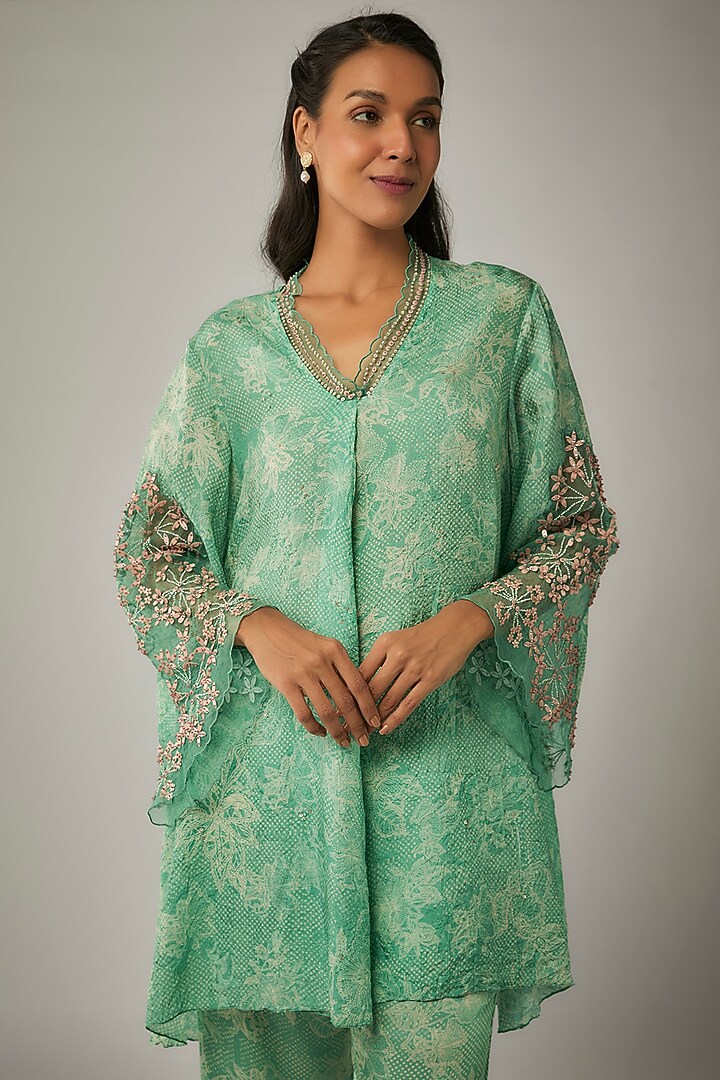 Green Crushed Silk Printed & Sequin Embroidered Kurta Set by One not two at Pernia's Pop Up Shop