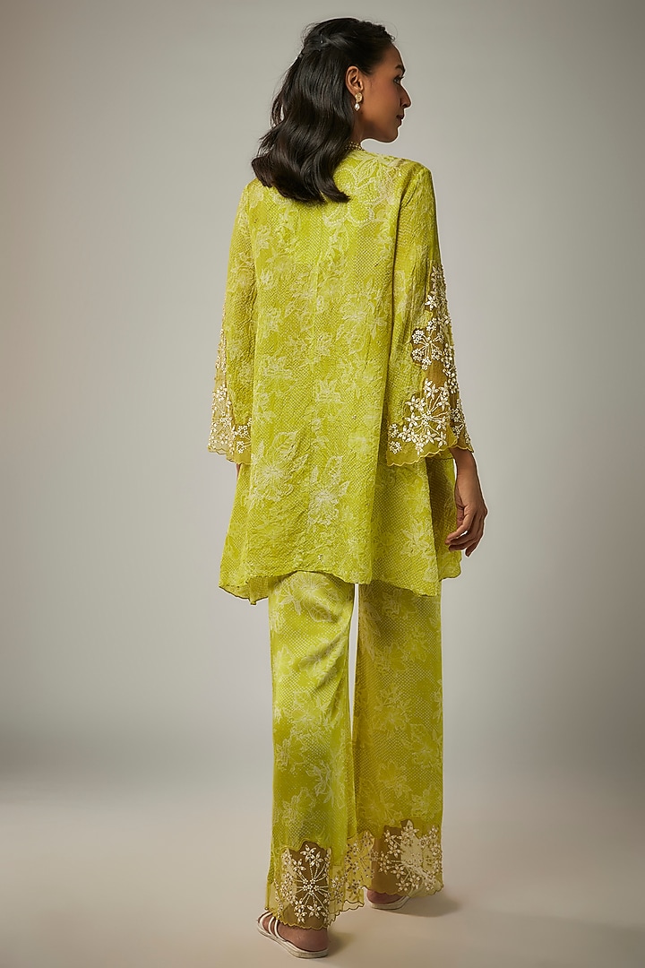 Lime Crushed Silk Printed & Sequin Embroidered Kurta Set by One not two at Pernia's Pop Up Shop