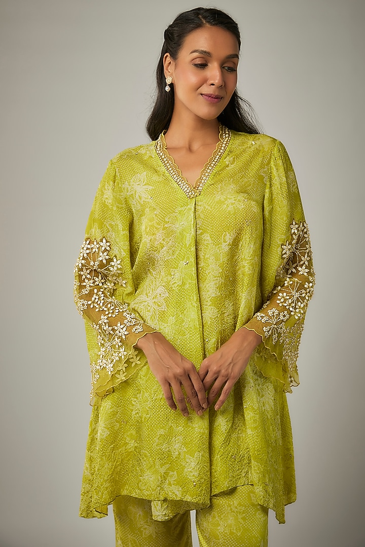 Lime Crushed Silk Printed & Sequin Embroidered Kurta Set by One not two at Pernia's Pop Up Shop