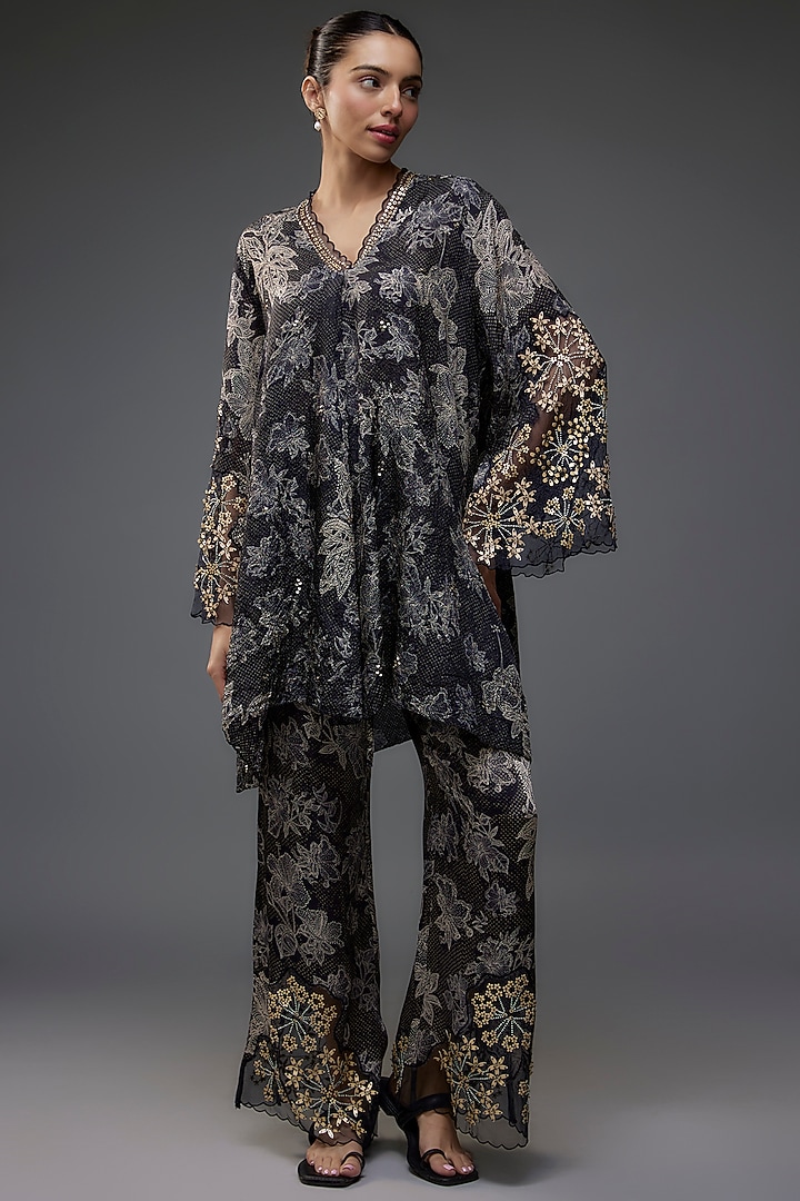 Black Crushed Silk Polka Printed & Floral Embroidered Kurta Set by One not two at Pernia's Pop Up Shop