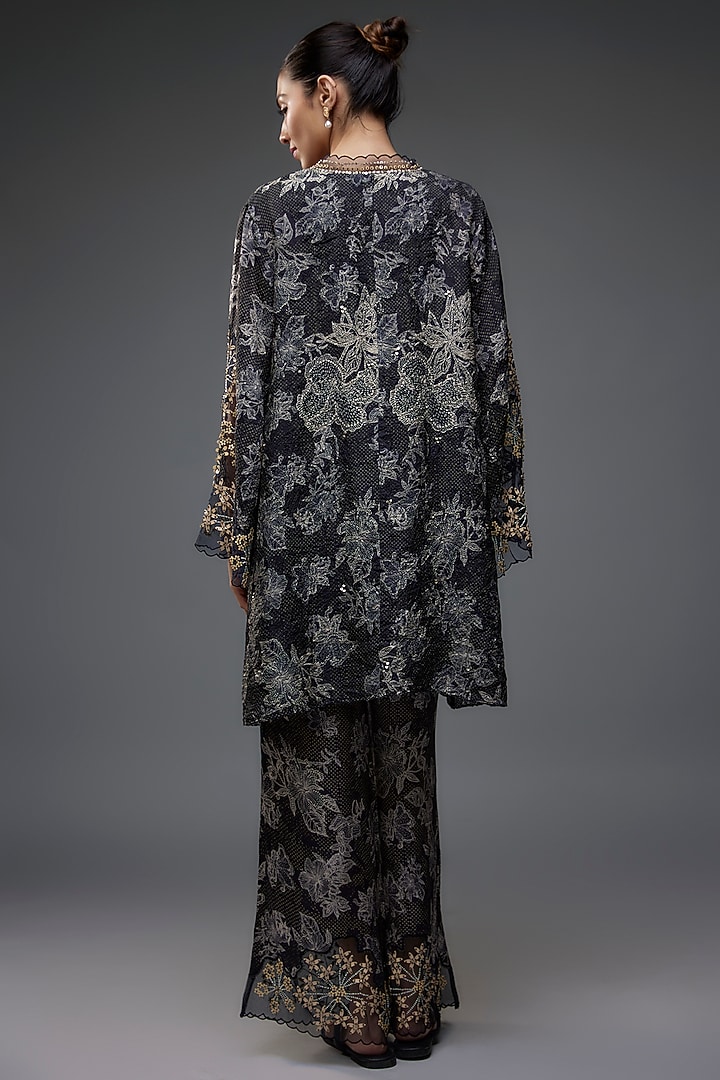 Black Crushed Silk Polka Printed & Floral Embroidered Kurta Set by One not two at Pernia's Pop Up Shop