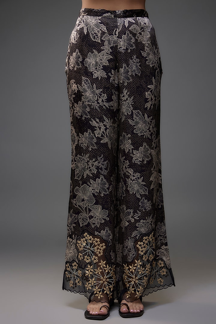 Black Crushed Silk Polka Printed & Floral Embroidered Kurta Set by One not two at Pernia's Pop Up Shop