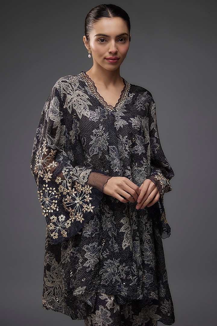 Black Crushed Silk Polka Printed & Floral Embroidered Kurta Set by One not two at Pernia's Pop Up Shop