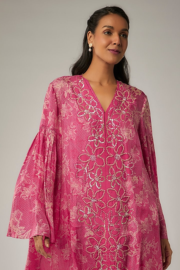 Pink Viscose Silk Printed & Sequin Embroidered Kurta Set by One not two at Pernia's Pop Up Shop