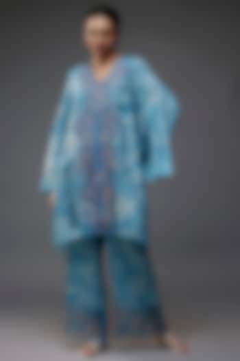 Blue Viscose Silk Polka Printed & Beads Embroidered Kurta Set by One not two at Pernia's Pop Up Shop