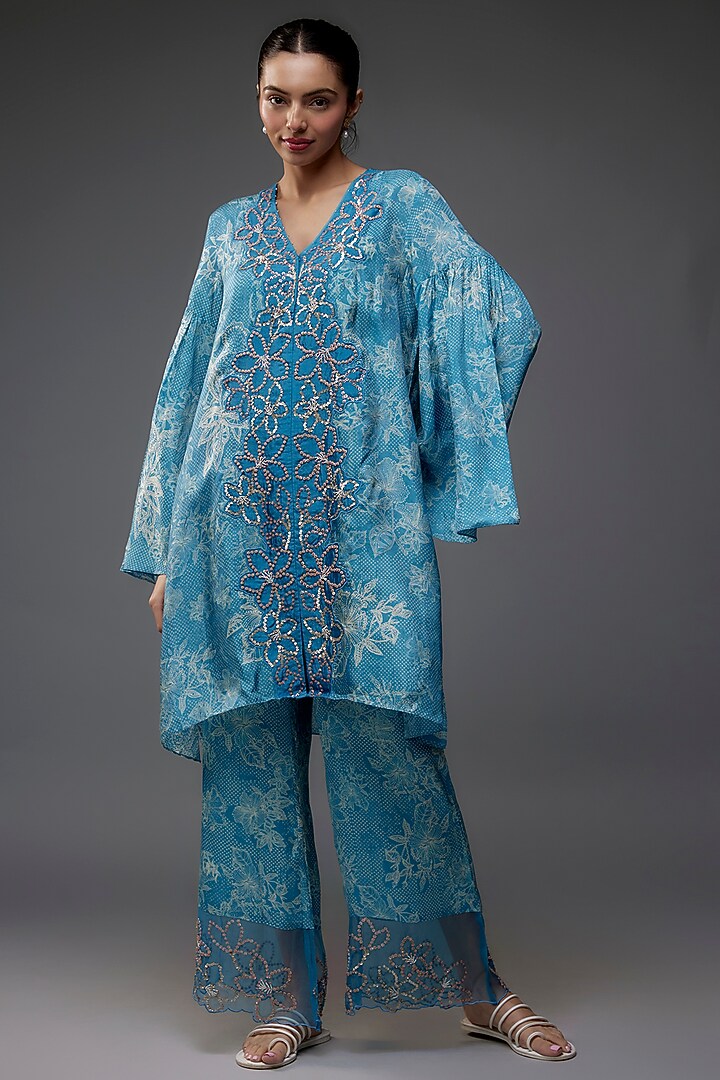 Blue Viscose Silk Polka Printed & Beads Embroidered Kurta Set by One not two at Pernia's Pop Up Shop