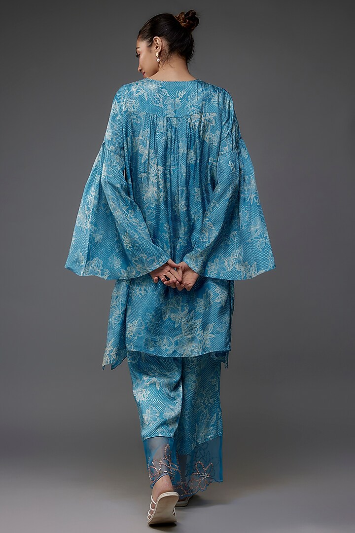 Blue Viscose Silk Polka Printed & Beads Embroidered Kurta Set by One not two at Pernia's Pop Up Shop