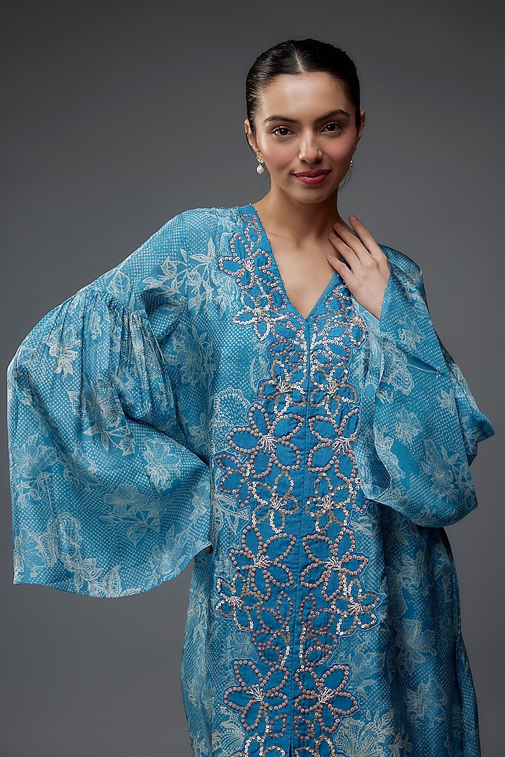 Blue Viscose Silk Polka Printed & Beads Embroidered Kurta Set by One not two at Pernia's Pop Up Shop