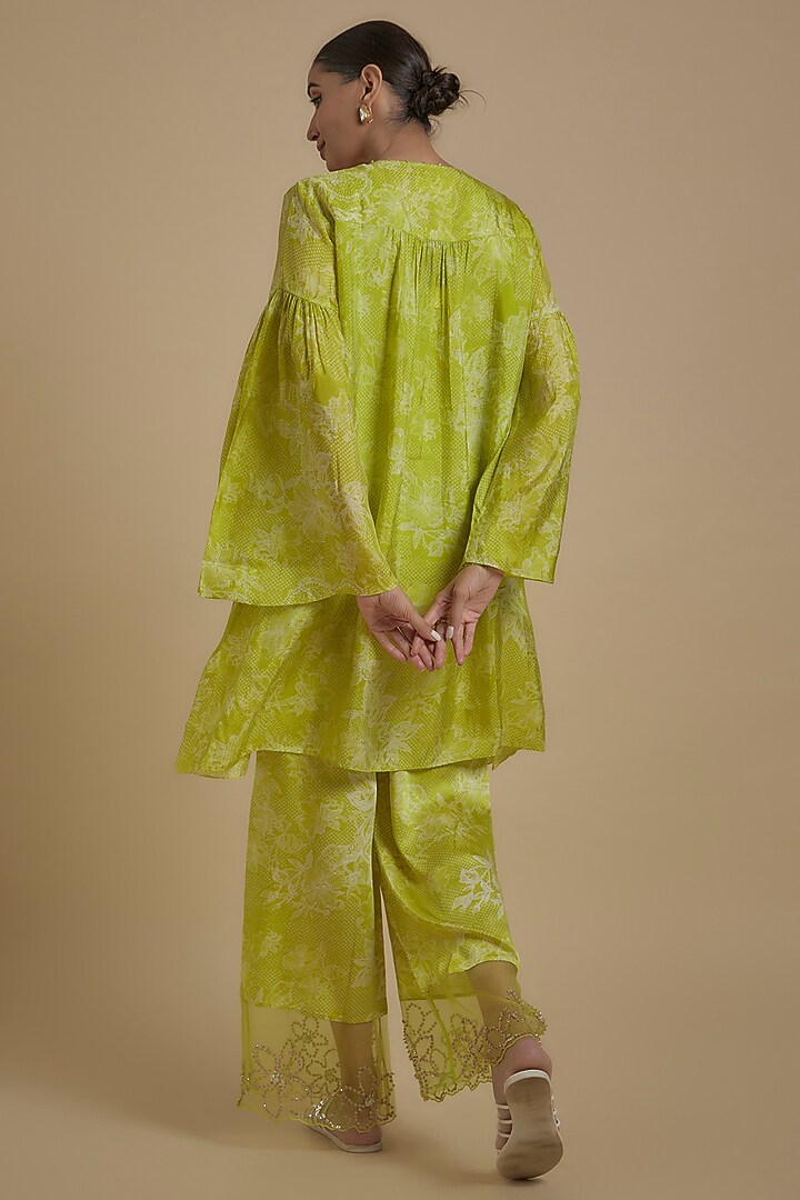 Lime Green Silk Floral Printed & Embroidered Tunic Set by One not two at Pernia's Pop Up Shop