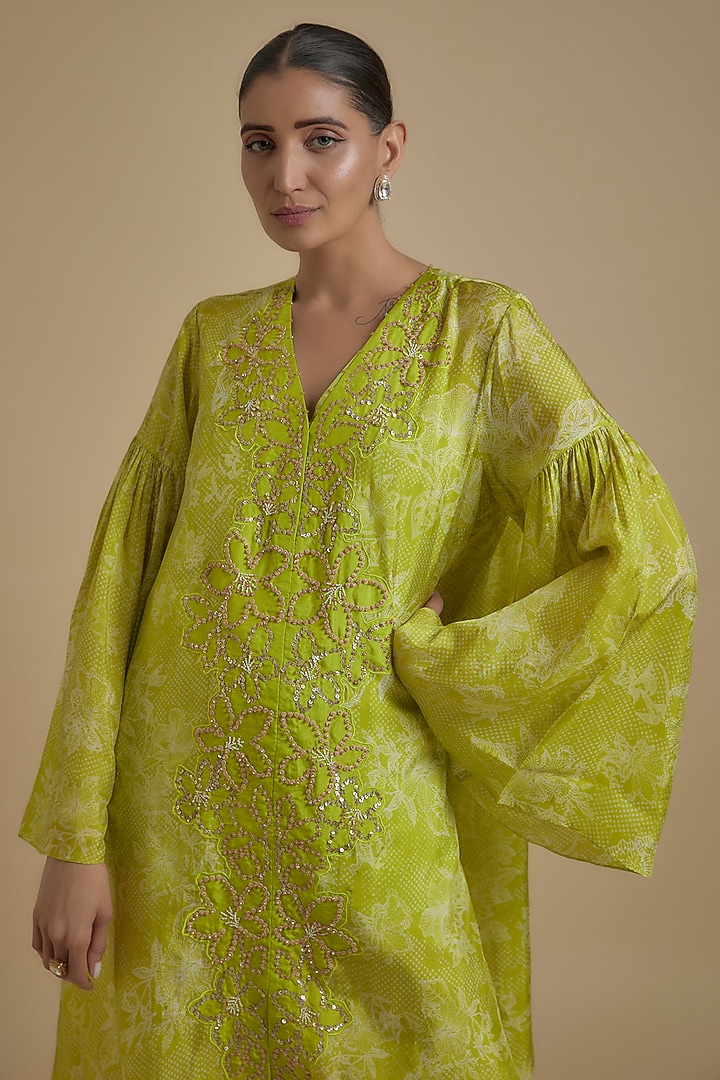Lime Green Silk Floral Printed & Embroidered Tunic Set by One not two at Pernia's Pop Up Shop