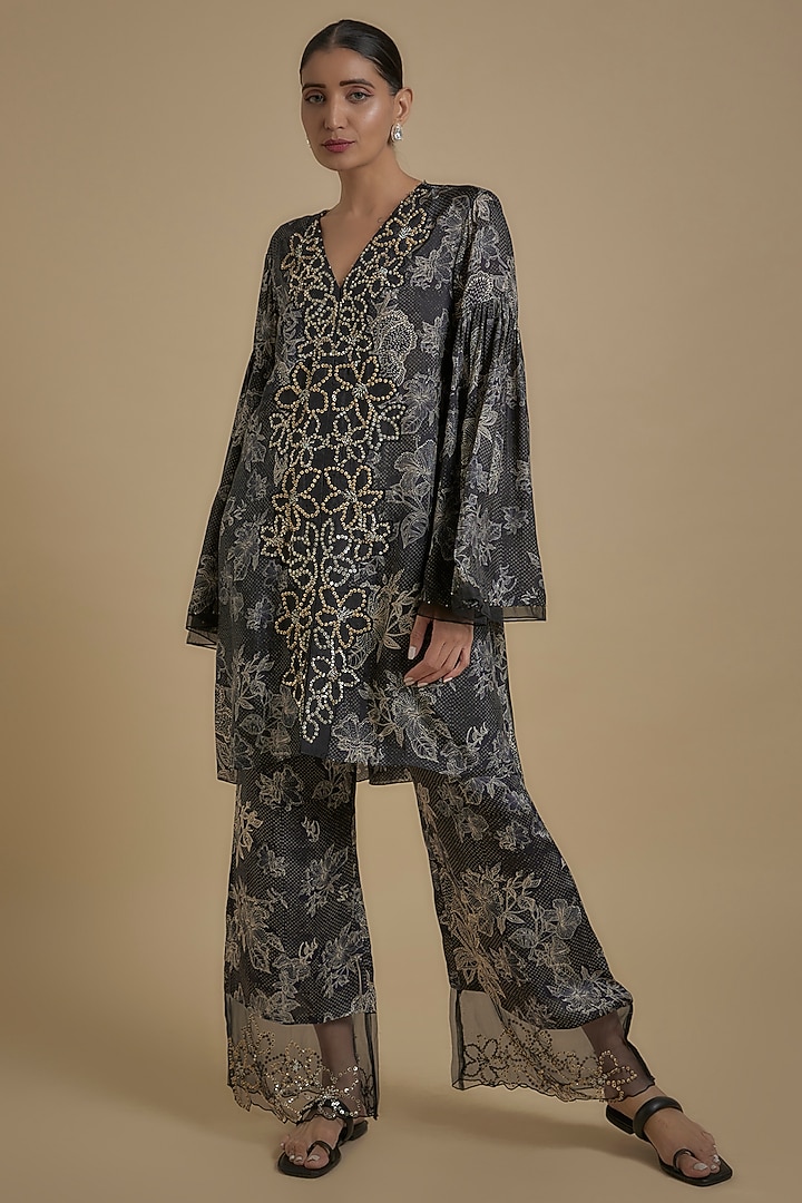 Black Silk Floral Printed & Embroidered Tunic Set by One not two at Pernia's Pop Up Shop