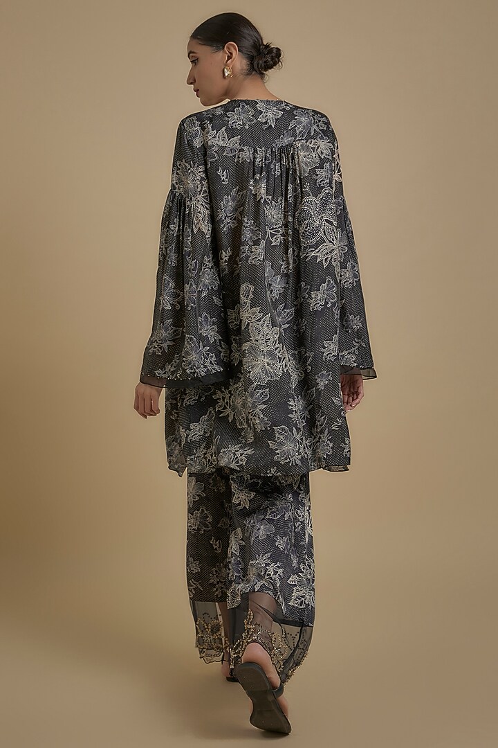 Black Silk Floral Printed & Embroidered Tunic Set by One not two at Pernia's Pop Up Shop